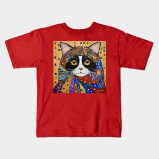 Gustav Klimt Tuxedo Cat with Colorful Scarf Kids T-Shirt